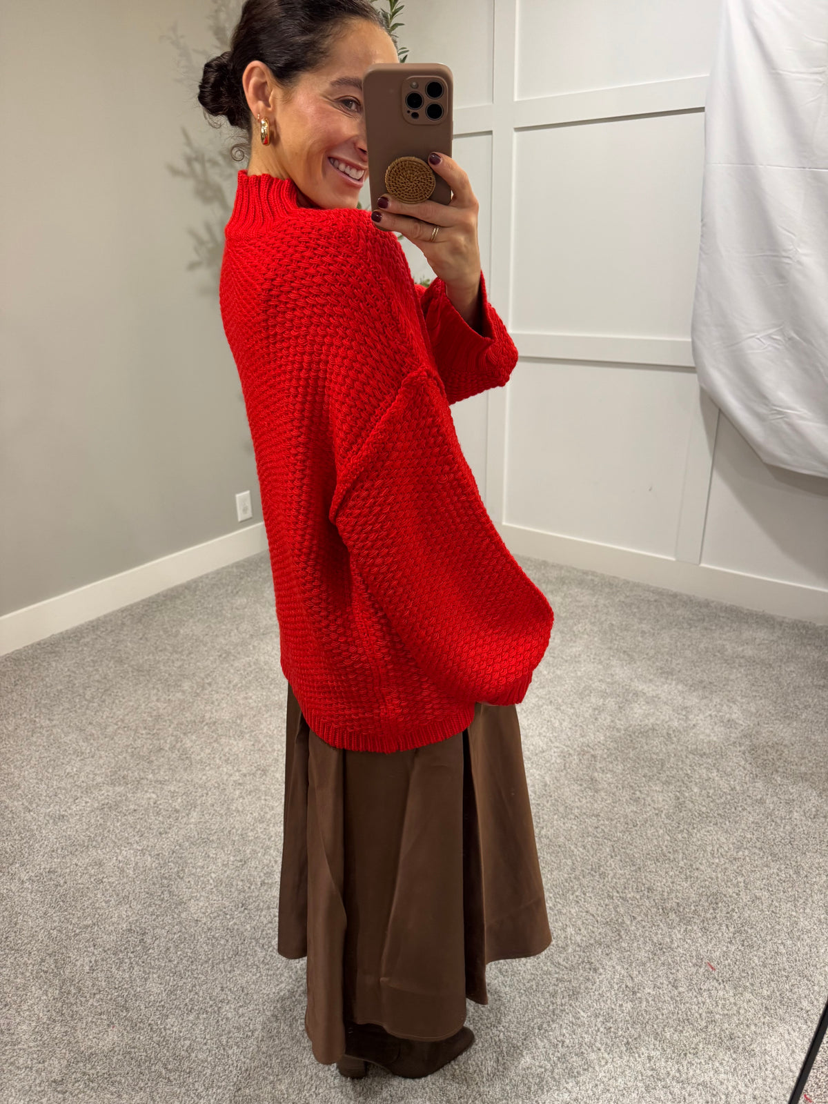 Crochet-Knit Oversized Mock-Neck Sweater | Cherry Tomato