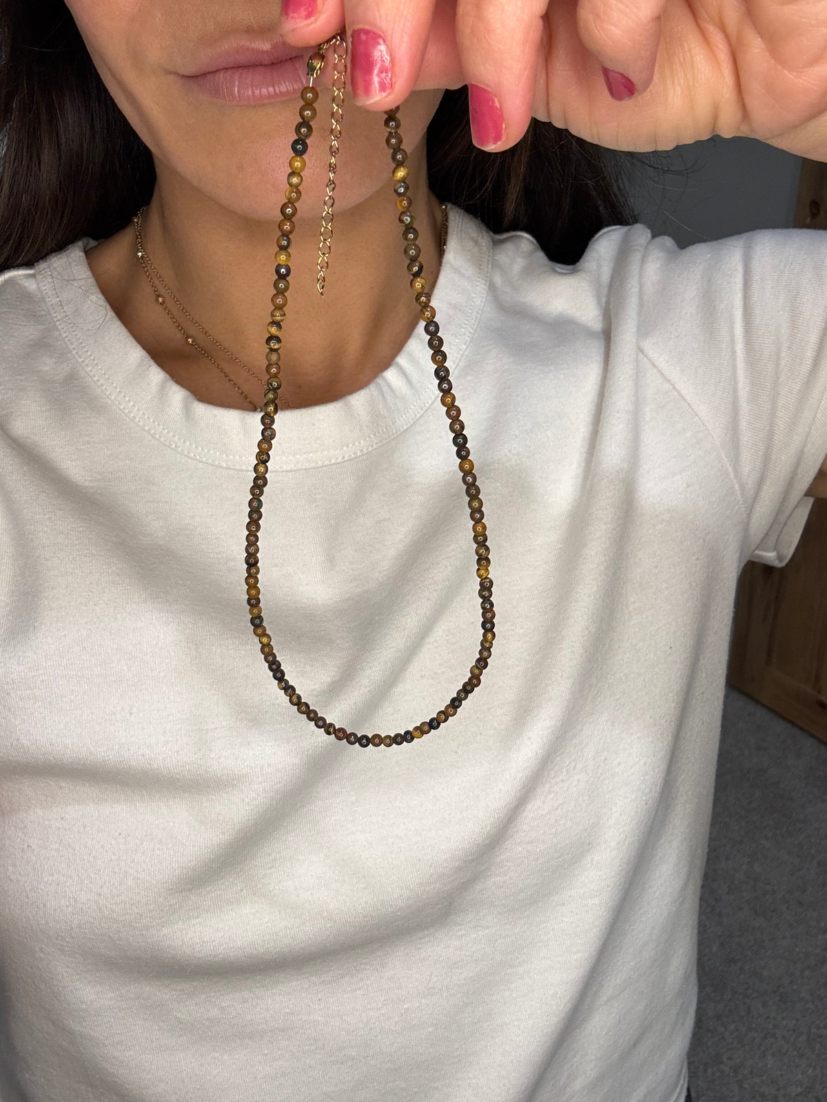 Dainty Natural Stone Beaded Necklace | Tiger's Eye Brown