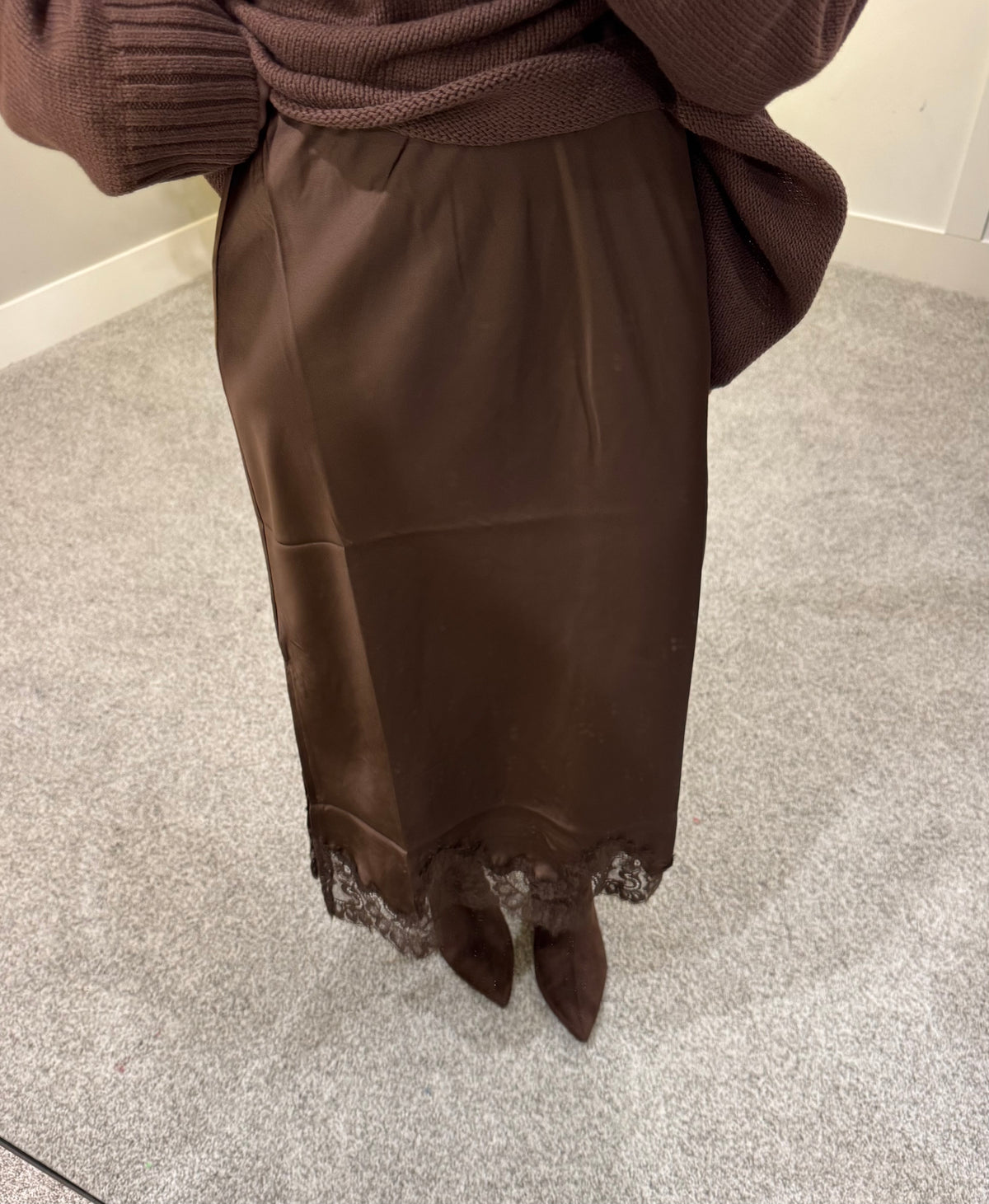 Satin Lace Trim Skirt | Brown