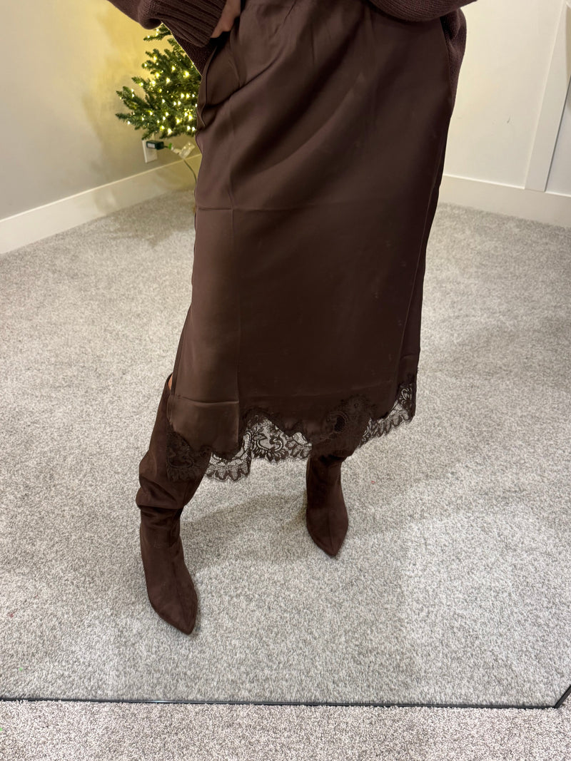 Satin Lace Trim Skirt | Brown