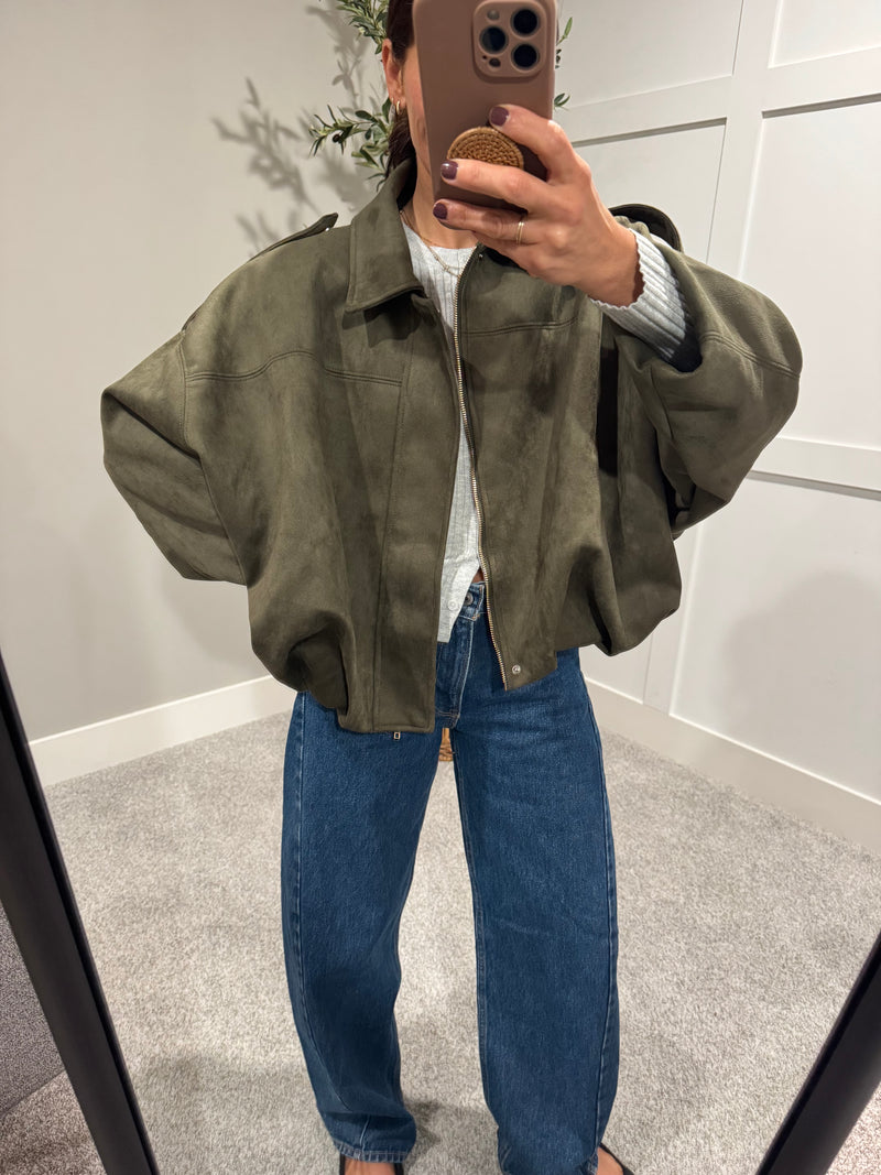 Olive Suede Bubble Hem Jacket