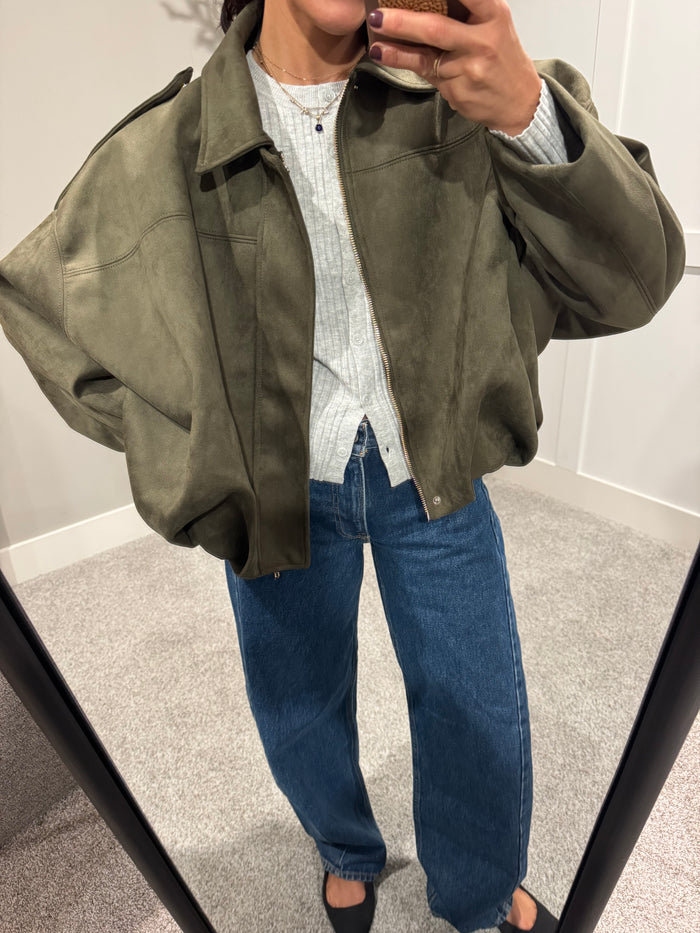 Olive Suede Bubble Hem Jacket