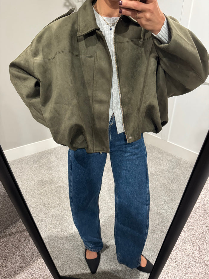 Olive Suede Bubble Hem Jacket
