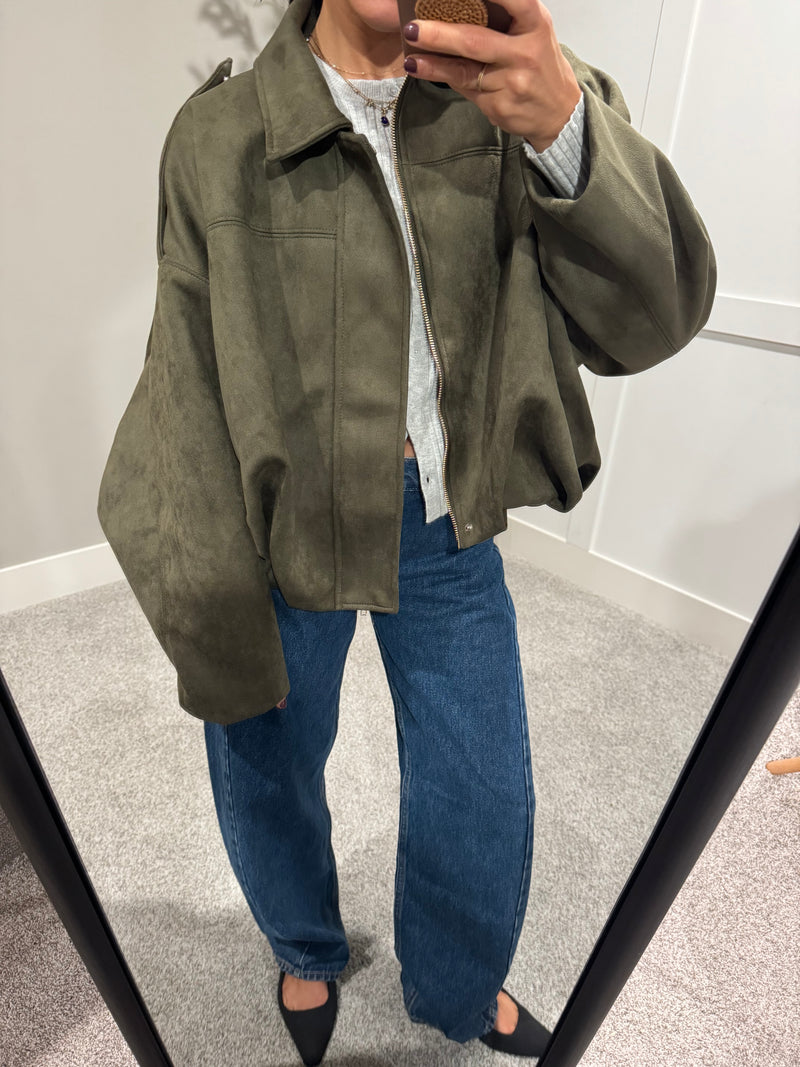 Olive Suede Bubble Hem Jacket
