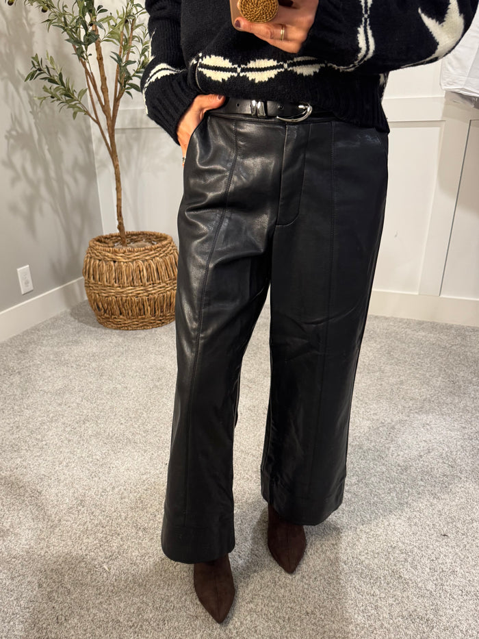 Wide Straight Leg Faux Leather Pants | Black