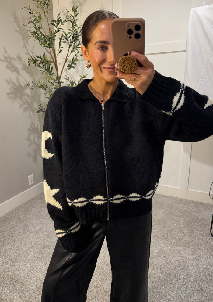 Cozy Pattern Zip Sweater Jacket | Black
