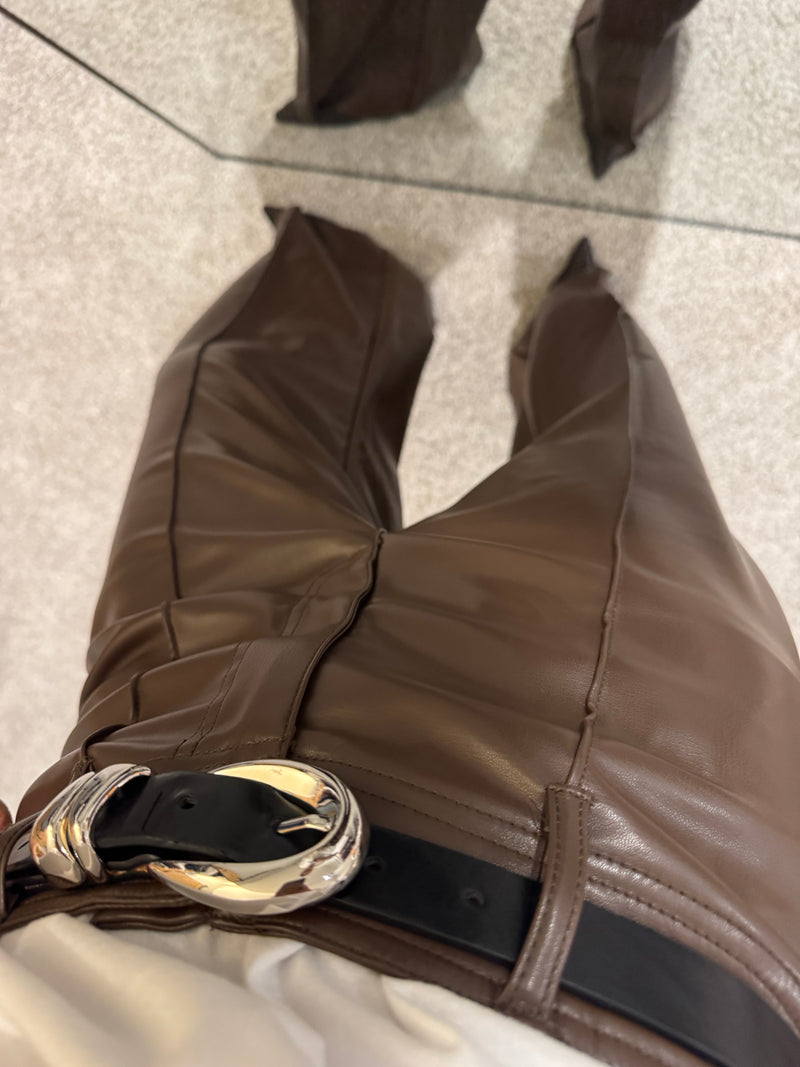 Pintuck Wide Leg Faux Leather Pant | Brown