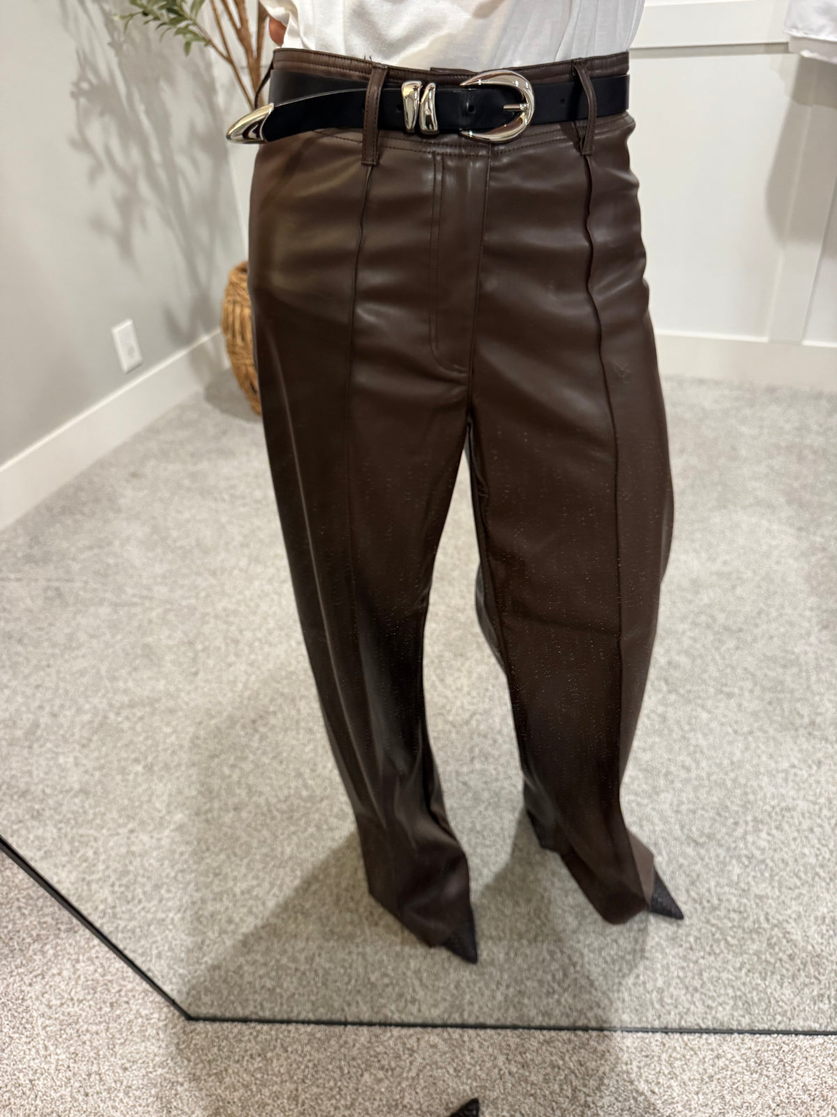 Pintuck Wide Leg Faux Leather Pant | Brown