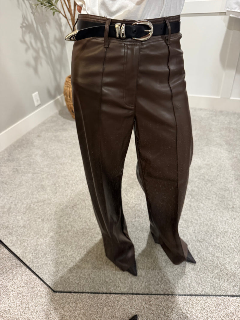 Pintuck Wide Leg Faux Leather Pant | Brown
