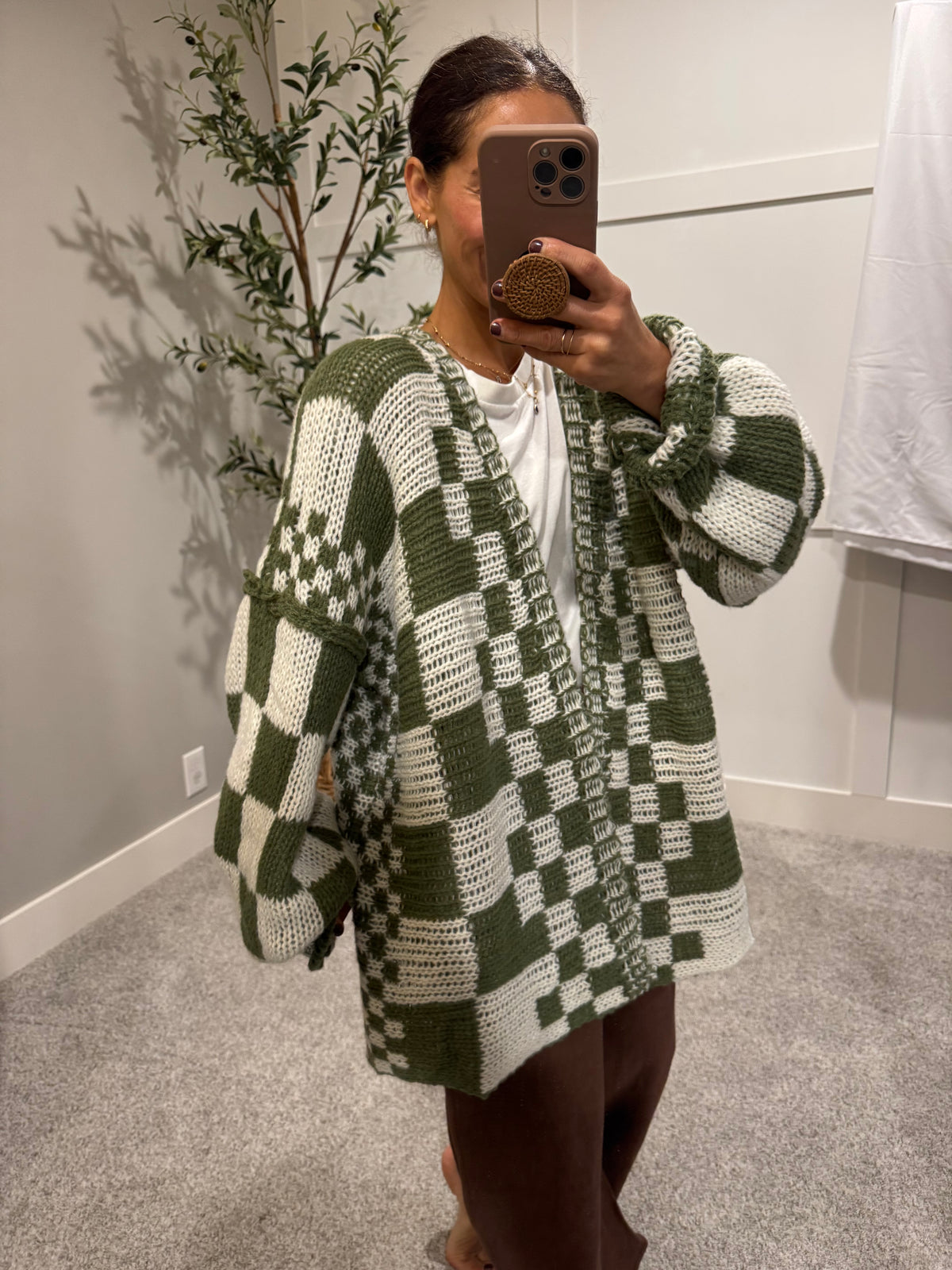 Oversized Checkered Open Cardigan | Green