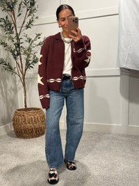 Cozy Pattern Zip Sweater Jacket | Wine