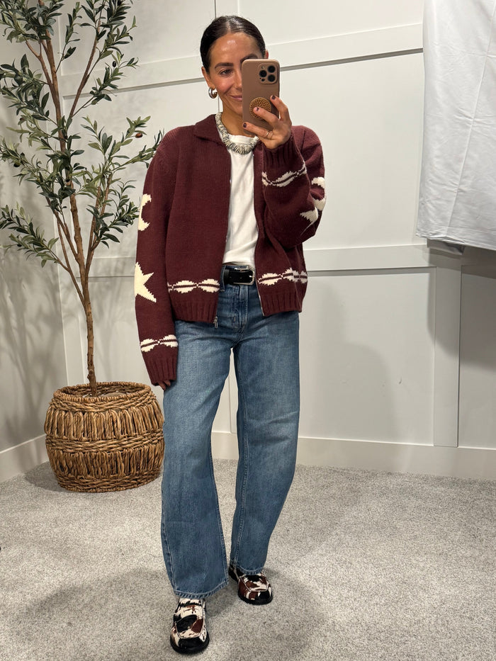 Cozy Pattern Zip Sweater Jacket | Wine