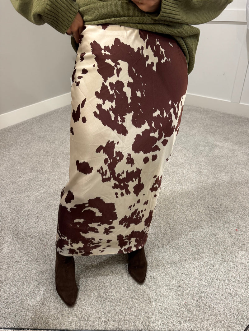 Cow Print Satin Skirt