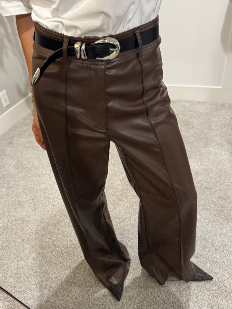 Pintuck Wide Leg Faux Leather Pant | Brown