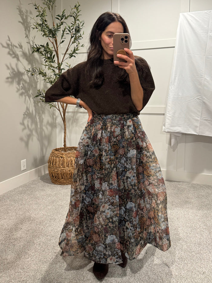 Floral Print Organza Pleated Midi Skirt