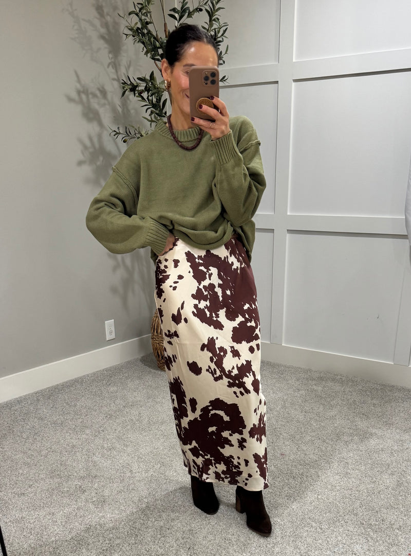 Cow Print Satin Skirt