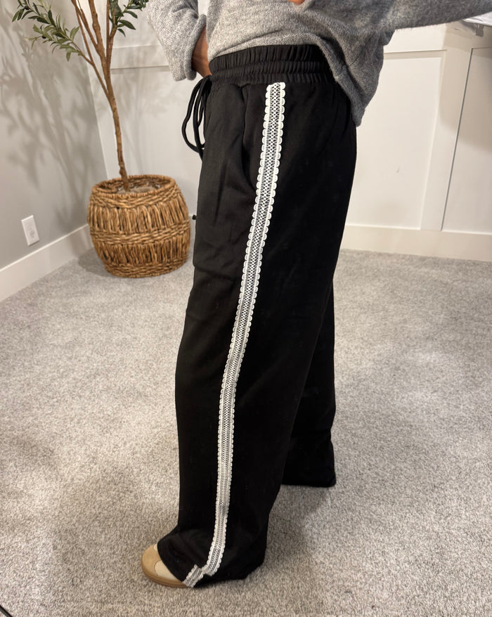 Lace Trim Wide-Leg Track Pant | Black
