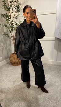Wide Straight Leg Faux Leather Pants | Black