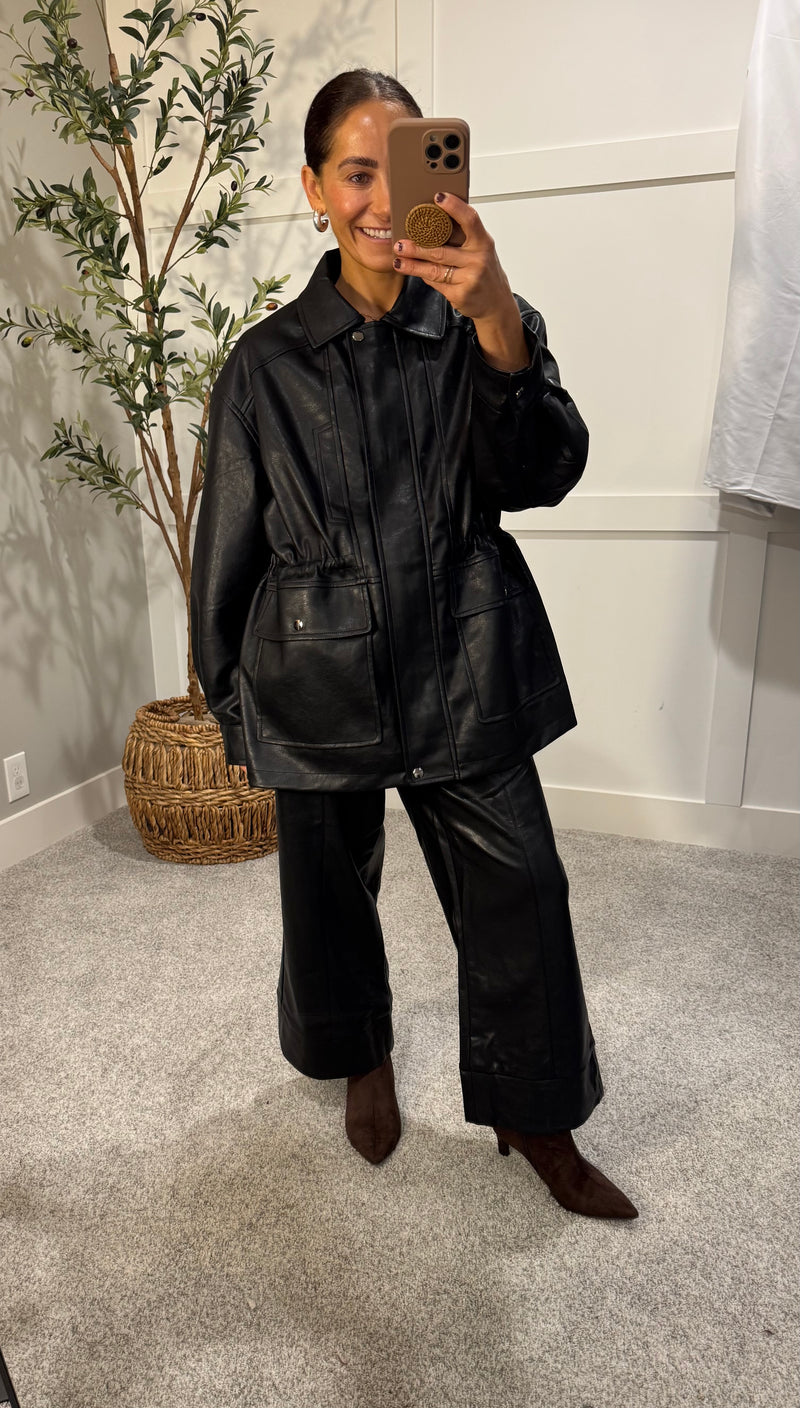 Wide Straight Leg Faux Leather Pants | Black