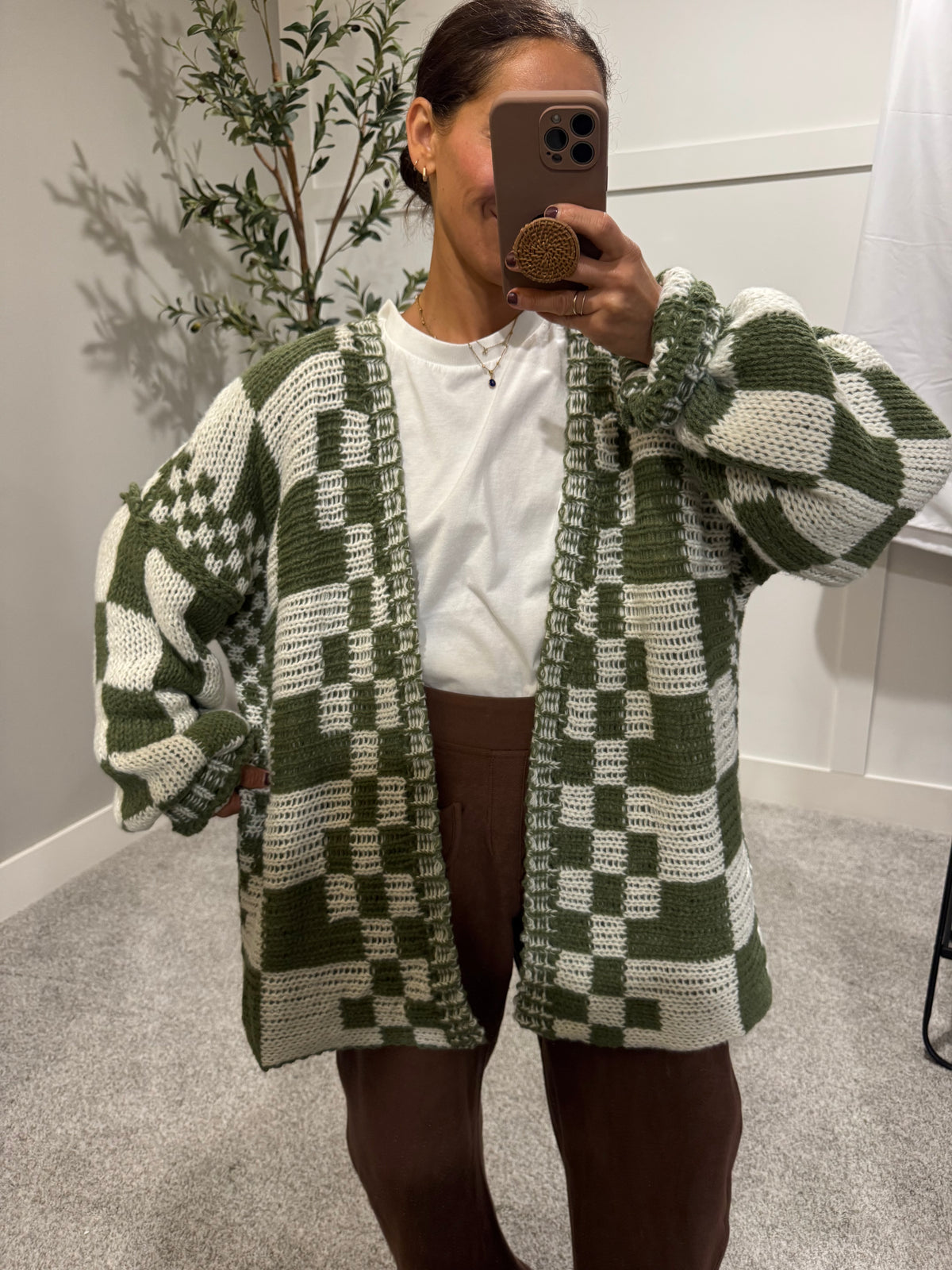 Oversized Checkered Open Cardigan | Green