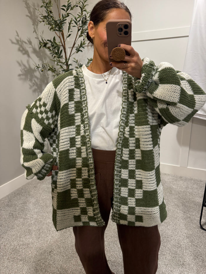 Oversized Checkered Open Cardigan | Green