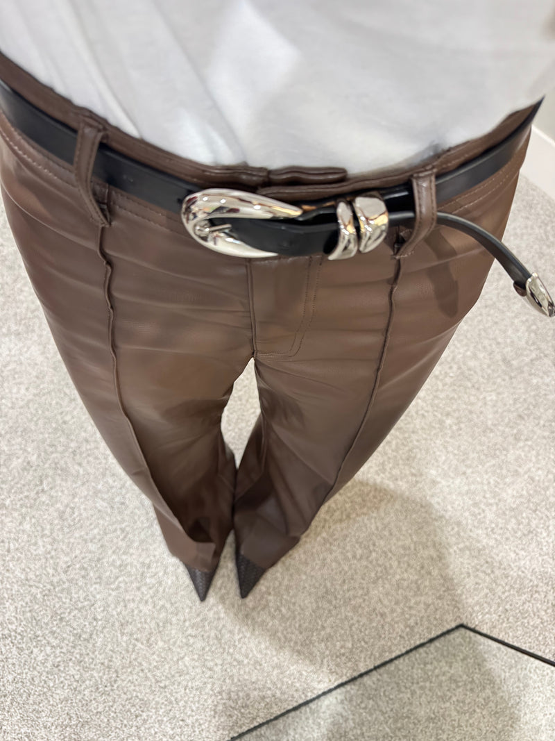 Pintuck Wide Leg Faux Leather Pant | Brown