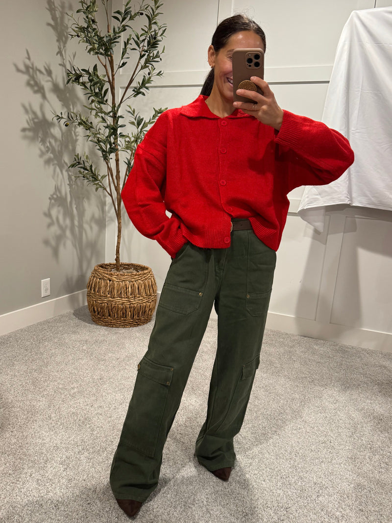 Red Collared Sweater Cardigan