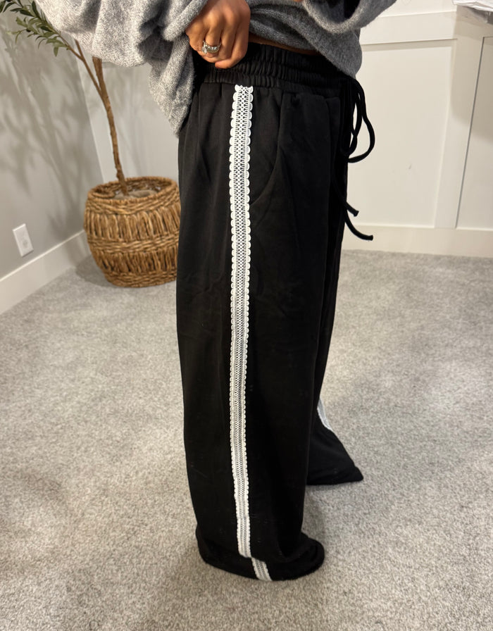 Lace Trim Wide-Leg Track Pant | Black